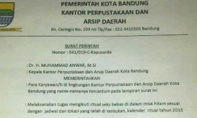 Bandung Digemparkan Surat Perintah tentang Ritual Sekte Seks Bebas