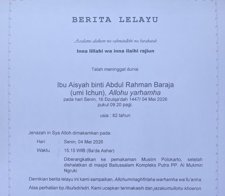Inna Lillahi, Umi Aisyah Baraja Istri Ust. K.H. Abu Bakar Ba’asyir Wafat di Usia 82 Tahun
