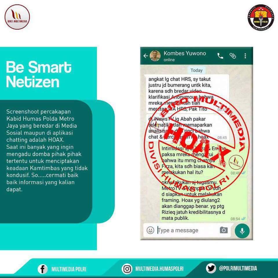 Polisi Sebut Chat Tito dengan Kombes Yuwono Hoax,  Netizen: Chat Habib Rizieq-Firza Hoax Juga Dong? 