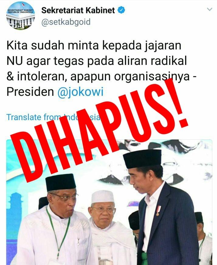 Tulis Pernyataan Jokowi Minta NU Tegas kepada Organisasi Radikal, Admin Twitter Seskab Dipecat