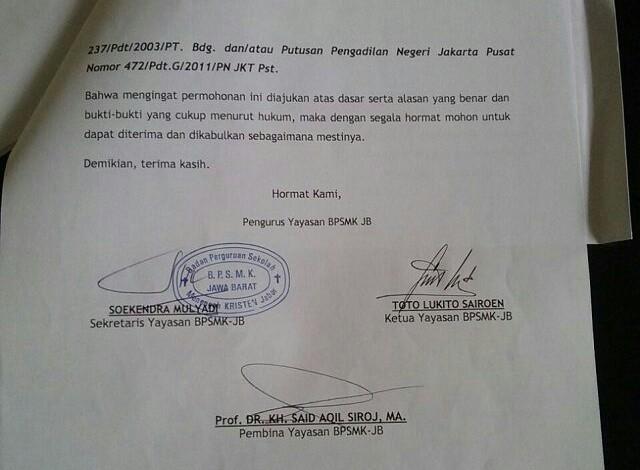 Beredar Surat Yayasan Kristen yang Mencantumkan Nama Said Aqil Siradj sebagai Pembina